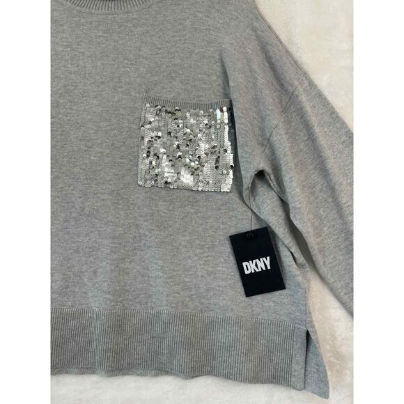 NWT DKNY Gray Sequin Pocket Turtleneck Sweater M Knit - Picture 2 of 5